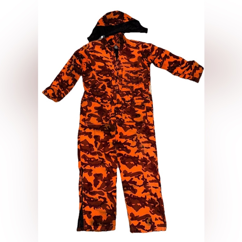 VTG Winchester Insulated Coveralls Men Large Blaze Orange Camo Hunting W/ Hood